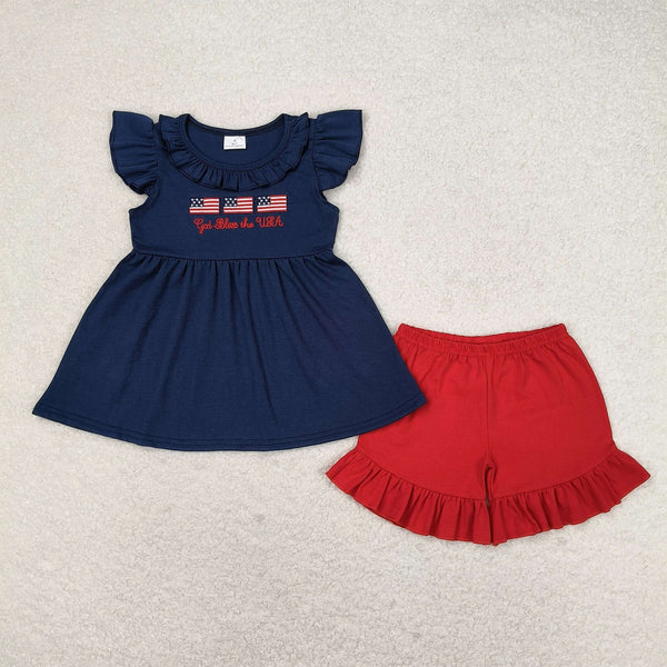 GSSO0805 RTS baby girl clothes embroidery 4th of July patriotic toddler girl summer outfits 1