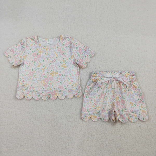 GSSO3273 RTS kids clothes flower scalloped girl summer clothing set summer shorts set