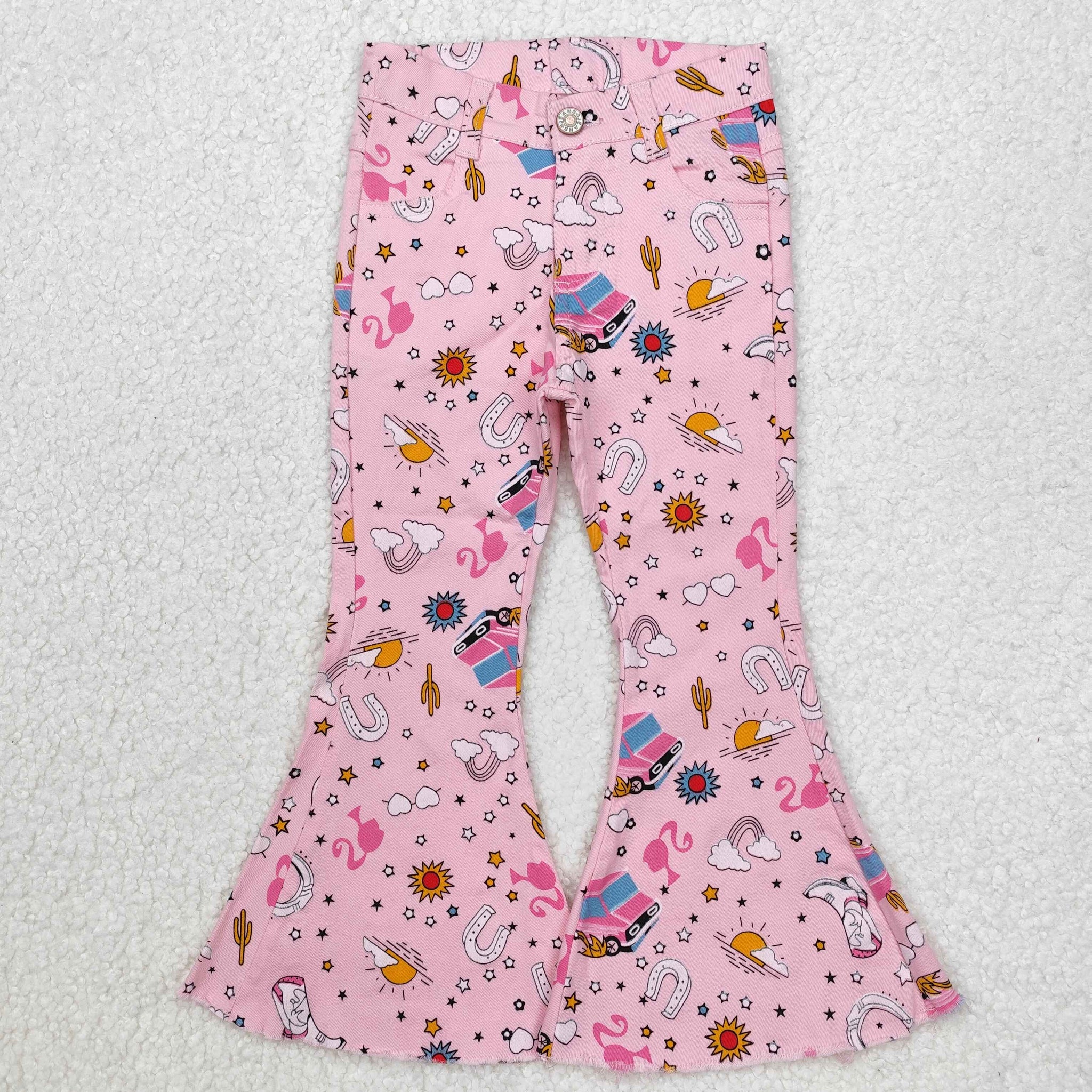 P0407 RTS baby girl clothes barbie cowboy pink bell bottom jeans western fashion