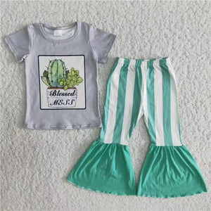 girl cactus short sleeve spring fall set  A