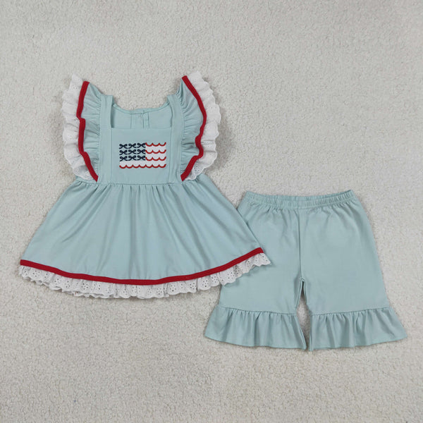 GSSO2926 RTS kids girl clothes girl summer outfit 4th of July Patriotic Clothes summer shorts set