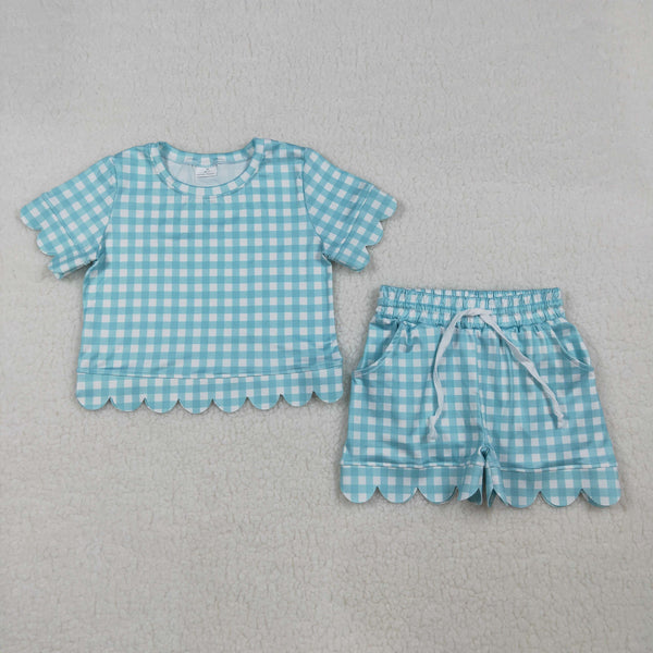 GSSO3190 RTS kids clothes blue scalloped print girl summer clothing set summer shorts set