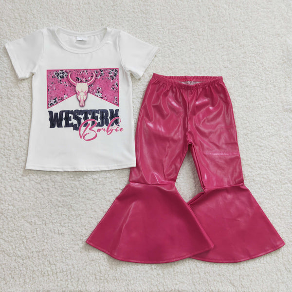 GSPO0453 baby girl clothes hot pink western clothing bell bottom set