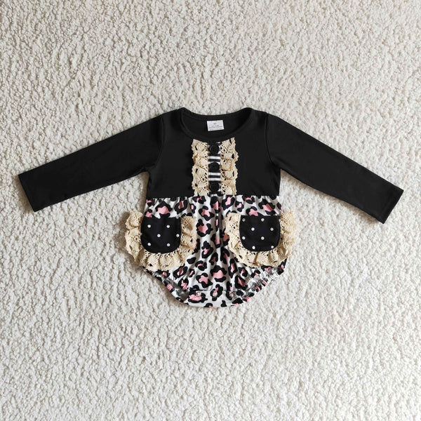 LR0167 baby girl clothes black leopard winter long sleeve bubble