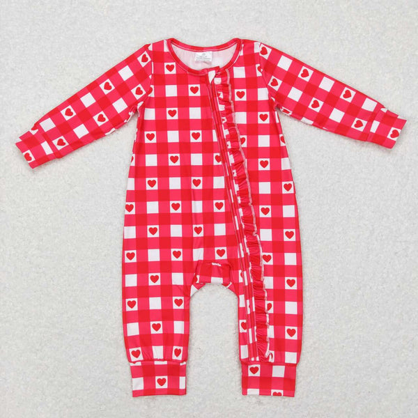 LR0832 baby gril clothes red plaid heart zipper girl valentines day romper