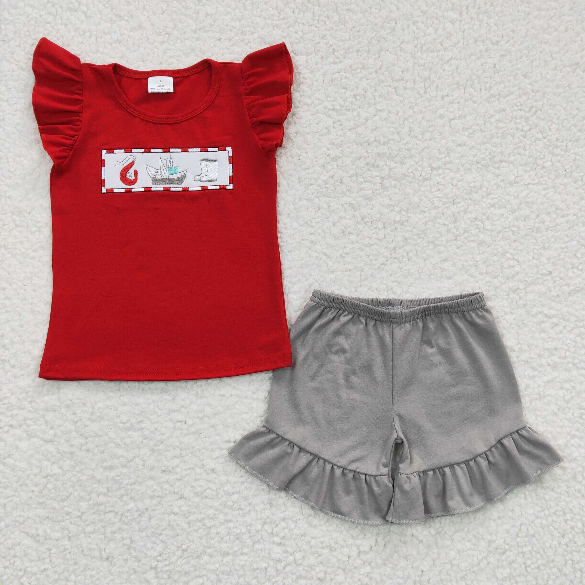 GSSO0161 kids clothes girls red embroidery shorts set girl summer outfits