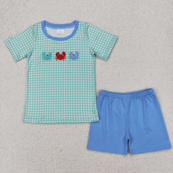 BSSO1279 RTS boy clothes crab embroidery  toddler boy summer shorts set