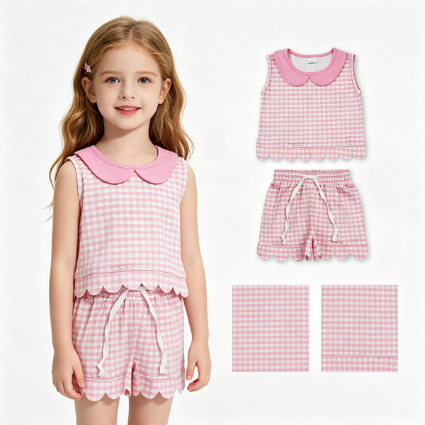 GSSO3394 RTS kids clothes pink gingham print girl summer outfit  clothing set scalloped summer shorts set