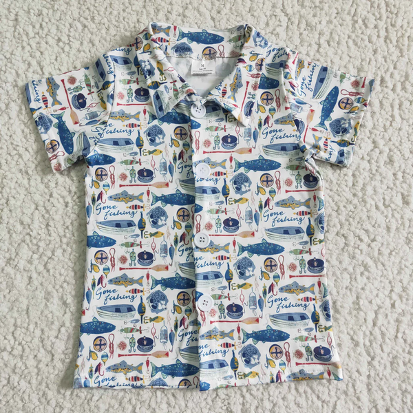 RTS  Matching clothing toddler clothes cowboy fishing print boy summer clothing-2026.3.17