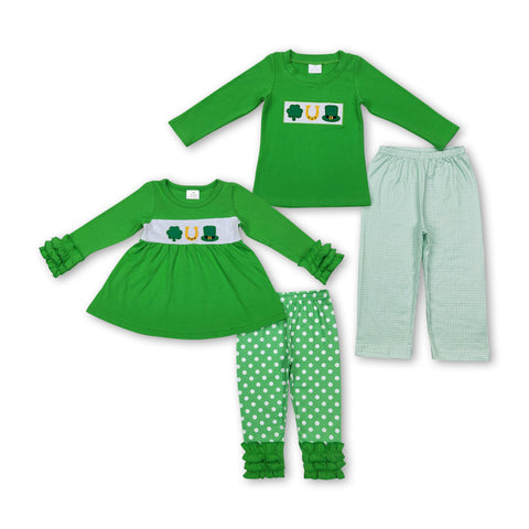 Kids clothing matching St. Patrick's Day clothing green embroideried outfit