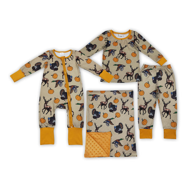 RTS Matching clothing thanksgiving deer turkey print kid long sleeve romper pant blanket fall clothing-2026.9.17