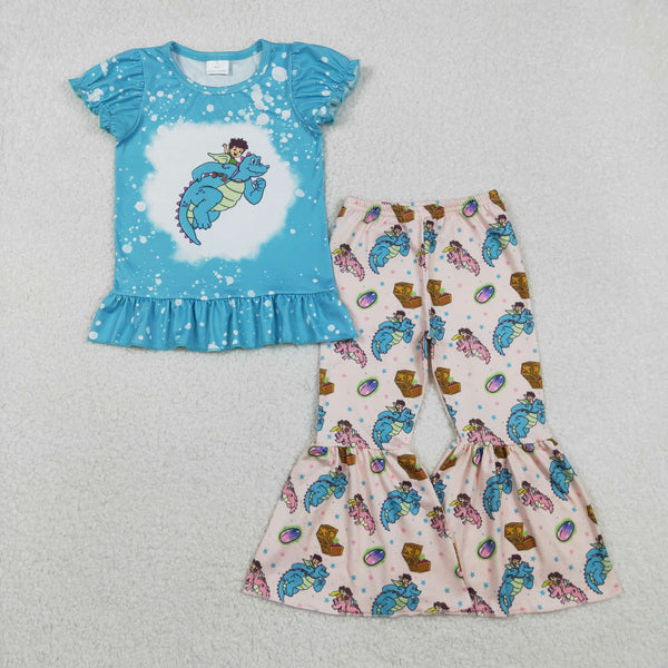 RTS GSPO2137  toddler girl clothes blue bell bottom dino girl fall set