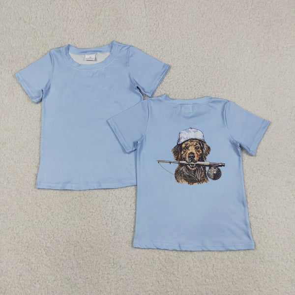 BT1765 RTS toddler boy clothes blue dog  fishing boy summer top tshirt