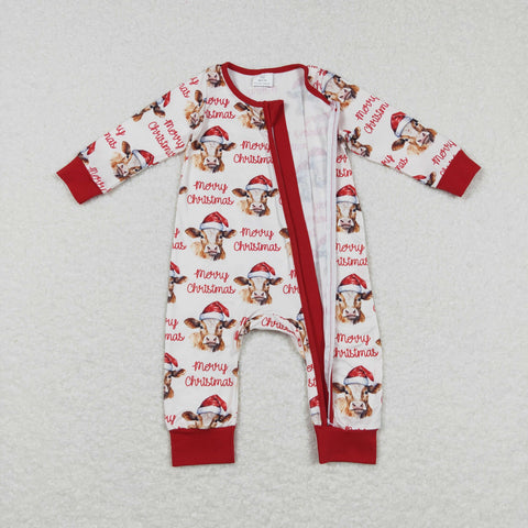 LR0739 RTS baby clothes cow chrristmas romper pajamas winter zipper romper