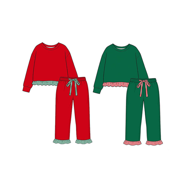 MOQ 5 pcs pre-order Each Color Stripe Ruffles Christmas Girls Set-2026.8.21