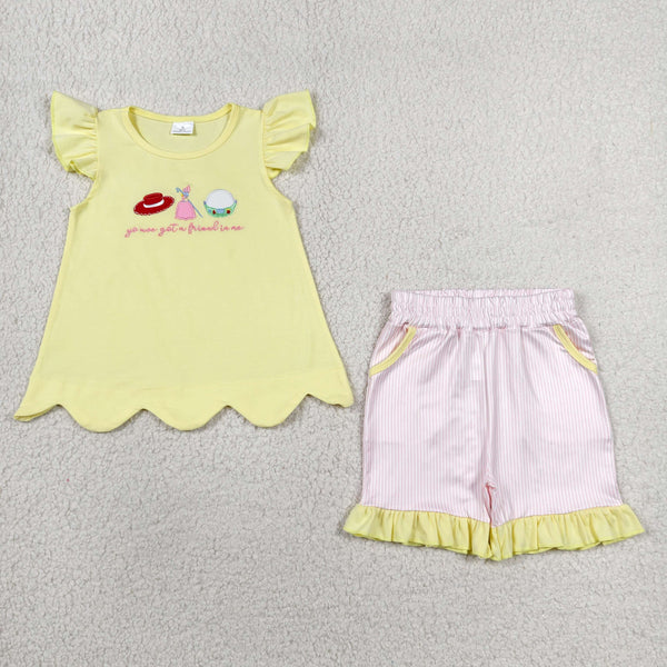 GSSO3495 RTS kids clothes cartoon girl summer outfit  clothing embroidery set summer shorts set