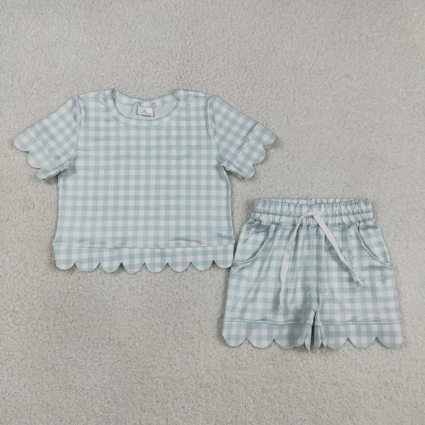 RTS Matching  toddler clothes solid color gingham scallop  print set girls summer clothing-2026.4.2