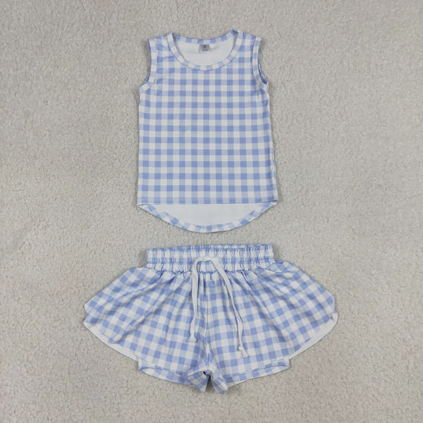 GSSO3479 RTS girl clothes blue gingham  toddler girl yoga summer outfit sports clothing set