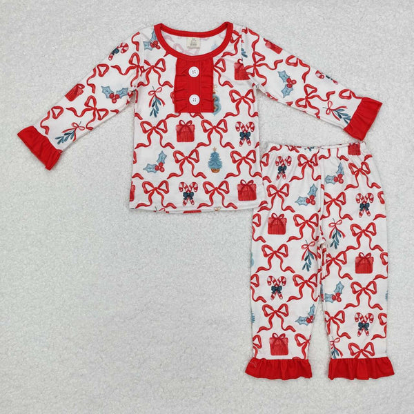 GLP1201 RTS baby girl clothes red gift bow girl christmas pajamas set-bamboo