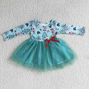 girl winter green tulle cartoon long sleeve dress