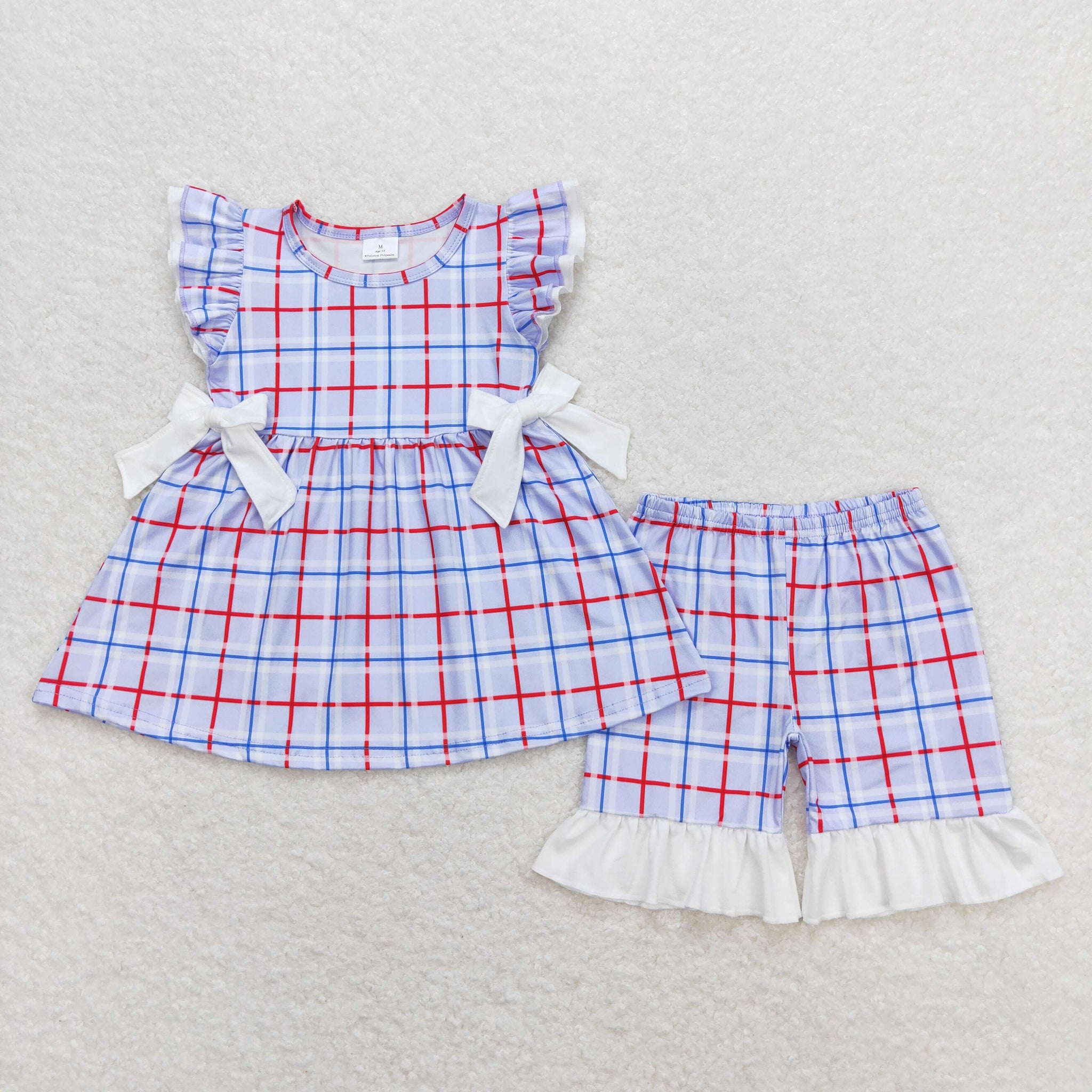 GSSO0707 RTS baby girl clothes bow blue gingham toddler girl summer outfits