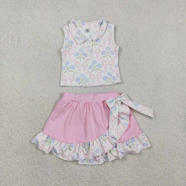 GSD3478 RTS  toddler girl clothes  bows print girl yoga summer skirt set sports clothing set
