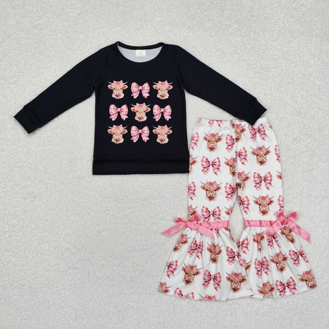 GLP1893 RTS toddler girl clothes black cattle bows girl bell bottoms outfit