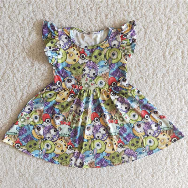 kids clothing flutter sleeve cartoon pearl dress  A7