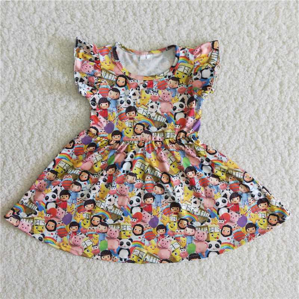 kids clothing flutter sleeve cartoon pearl dress  A5