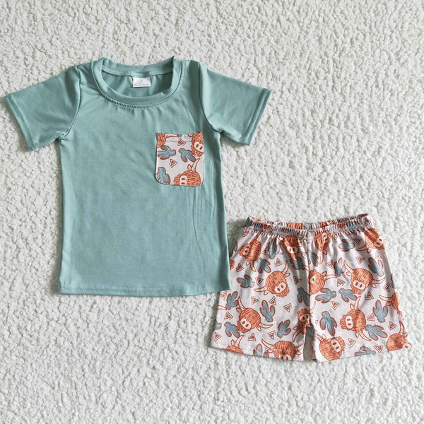 kids clothing boy green cow pocket summer set-promotion $5.5 2024.4.13