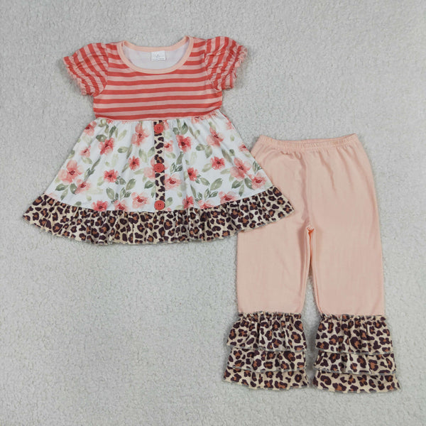 GSPO1044 RTS kids clothes floral girl summer pants set leopard ruffels pants outfit
