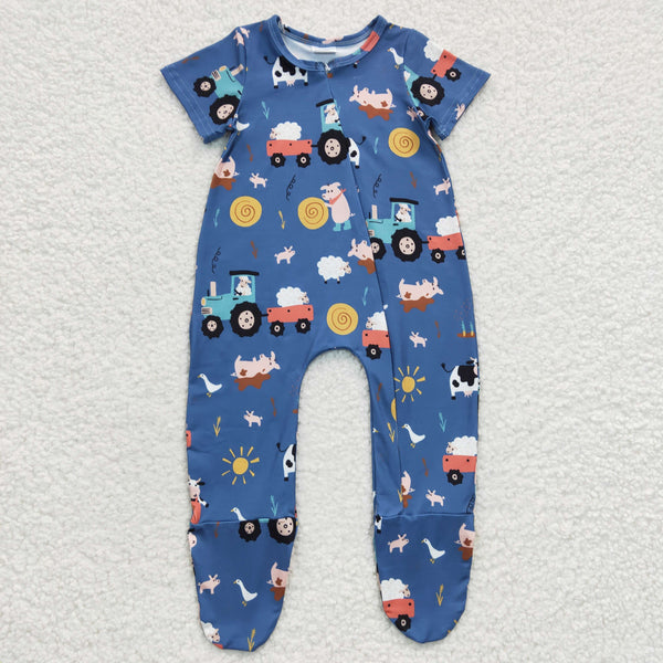 SR0195 baby boy clothes blue farm zipper romper-promotion 2025.5.10 $5.5