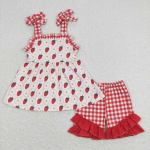 GSSO0588 RTS baby girl clothes strawberry flower plaid girl summer outfit