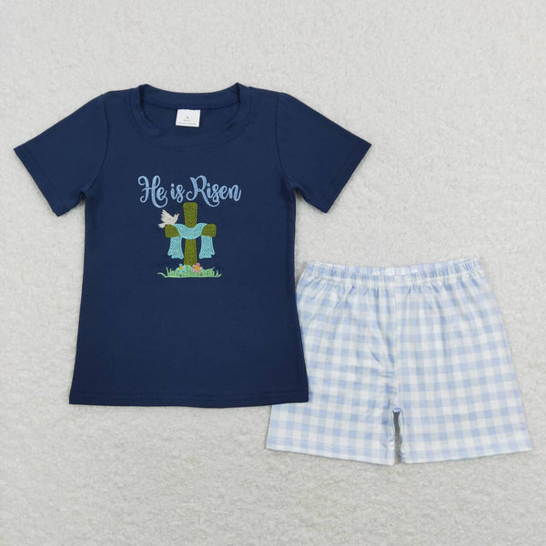 BSSO0319  baby boy clothes he is risen embroidery cross boy easter outfit toddler easter shorts set
