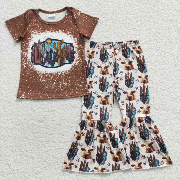 GSPO0647 baby girl clothes brown cow girl bell bottom outfit
