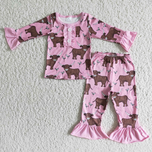 6 A11-12 baby girl clothes cow pink winter pajamas set