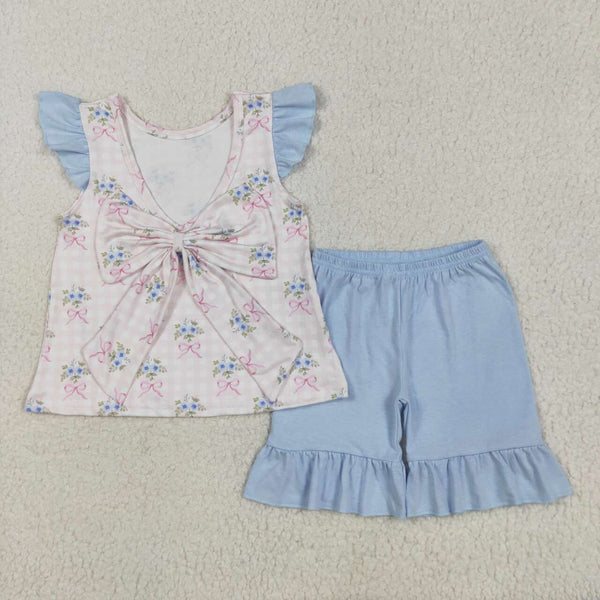 GSSO1577 RTS girl clothes bow blue floral toddler girl summer outfits