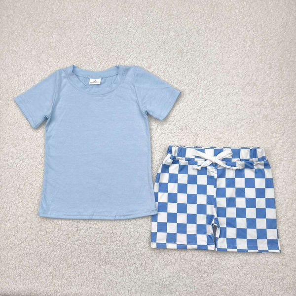 BSSO1469 RTS boy clothes blue plaid toddler boy summer outfit