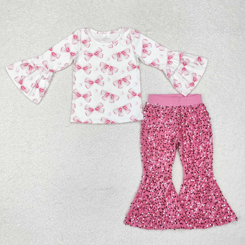 GLP1991 RTS toddler girl clothes pink bows girl winter bell bottom set