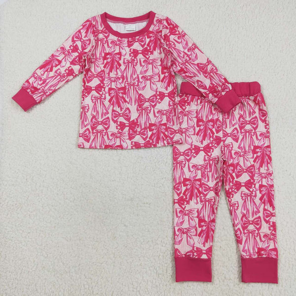 GLP2539 RTS  girl clothes pink bows girl  winter  pajamas set