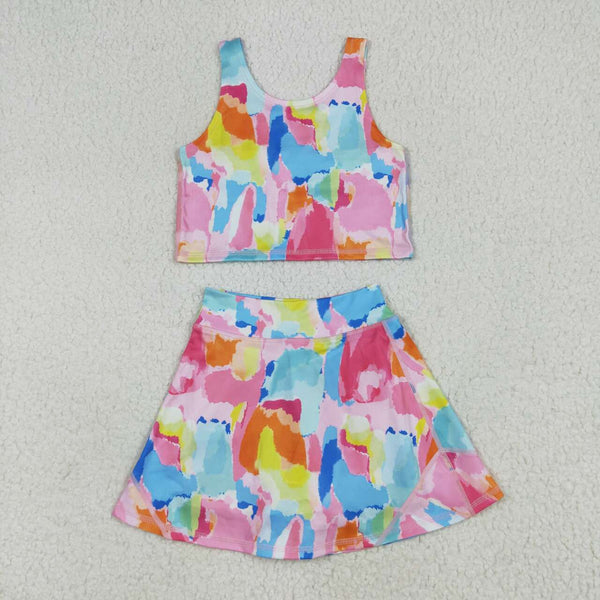 GSD2625 RTS girl clothes colorful girl summer dress yoga clothes set atheletic clothing