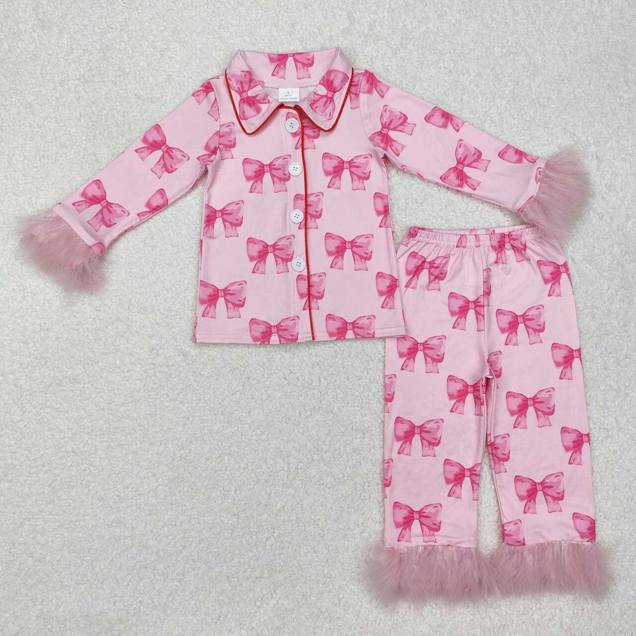 GLP2289 RTS kids clothing bow fur grandmillennial girl winter pajamas set