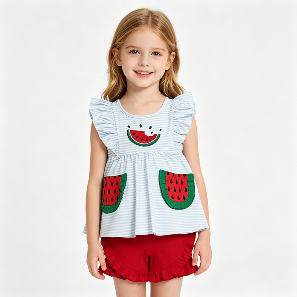 GSSO3636 RTS Kids girl clothes watermelon embroidery toddler girl summer shorts set