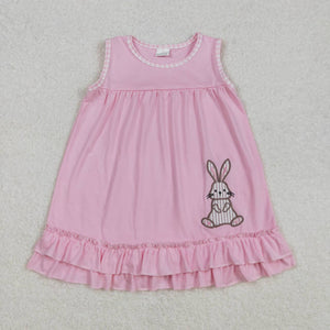 GSD1671 RTS girl easter dress bunny embroidery dress pink sleeveless girl clothes