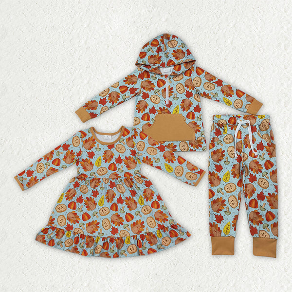 RTS Matching clothing thanksgiving turkey apple print kid long sleeve hooded top pant dress fall clothing-2026.9.28
