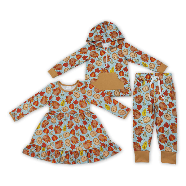 RTS Matching clothing thanksgiving turkey apple print kid long sleeve hooded top pant dress fall clothing-2026.9.28