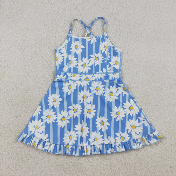 GSD2283 RTS girl clothes blue floral girl summer set yoga clothes atheletic clothes