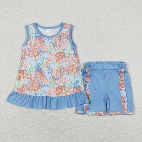 GSSO0831 RTS baby girl clothes blue print toddler girl summer outfits