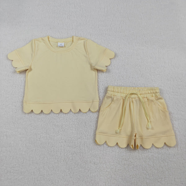 GSSO3175 RTS kids clothes yellow cotton scalloped girl summer clothing set summer shorts set