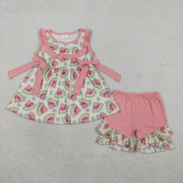 GSSO3118 RTS kids clothes watermelon bows girl summer clothing set  shorts set